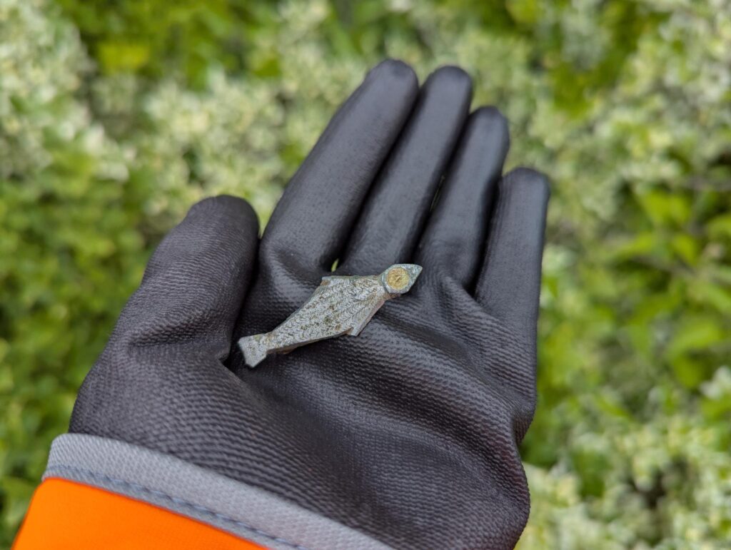 A gloved hand holds a small silver colour brooch. The item is shaped like a small narrow fish laid on its side. The body of the fish features small incised decorations which resemble fish scales.