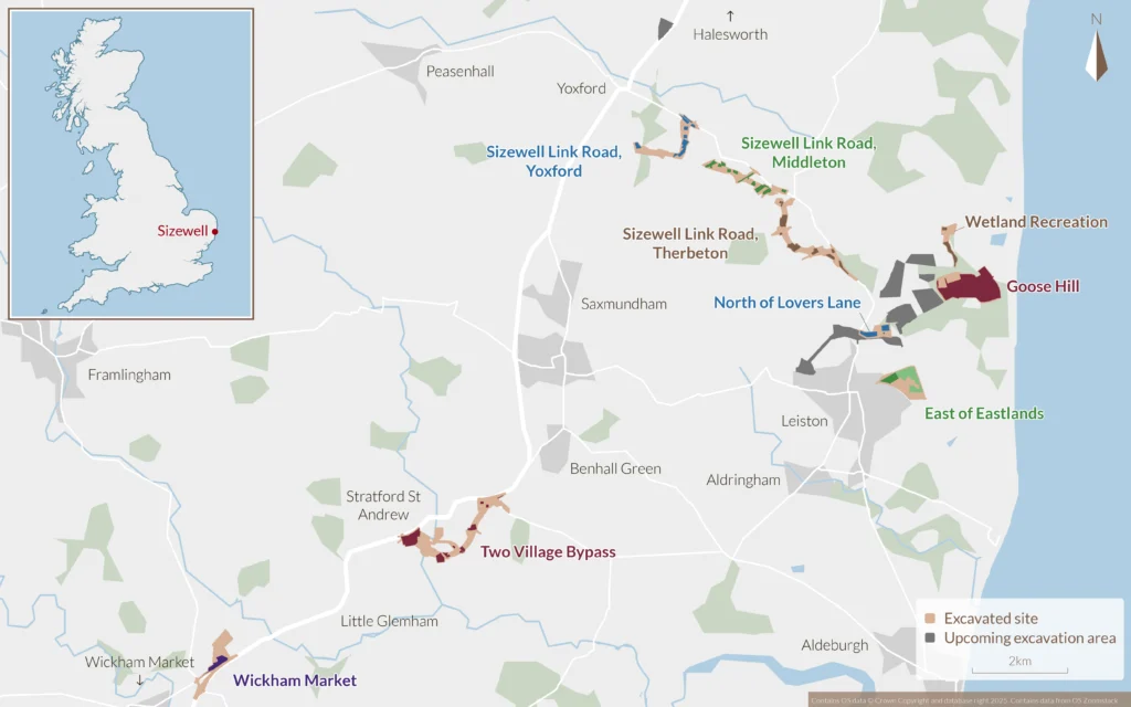 map of Suffolk with the areas being excavated at Sizewell shown
