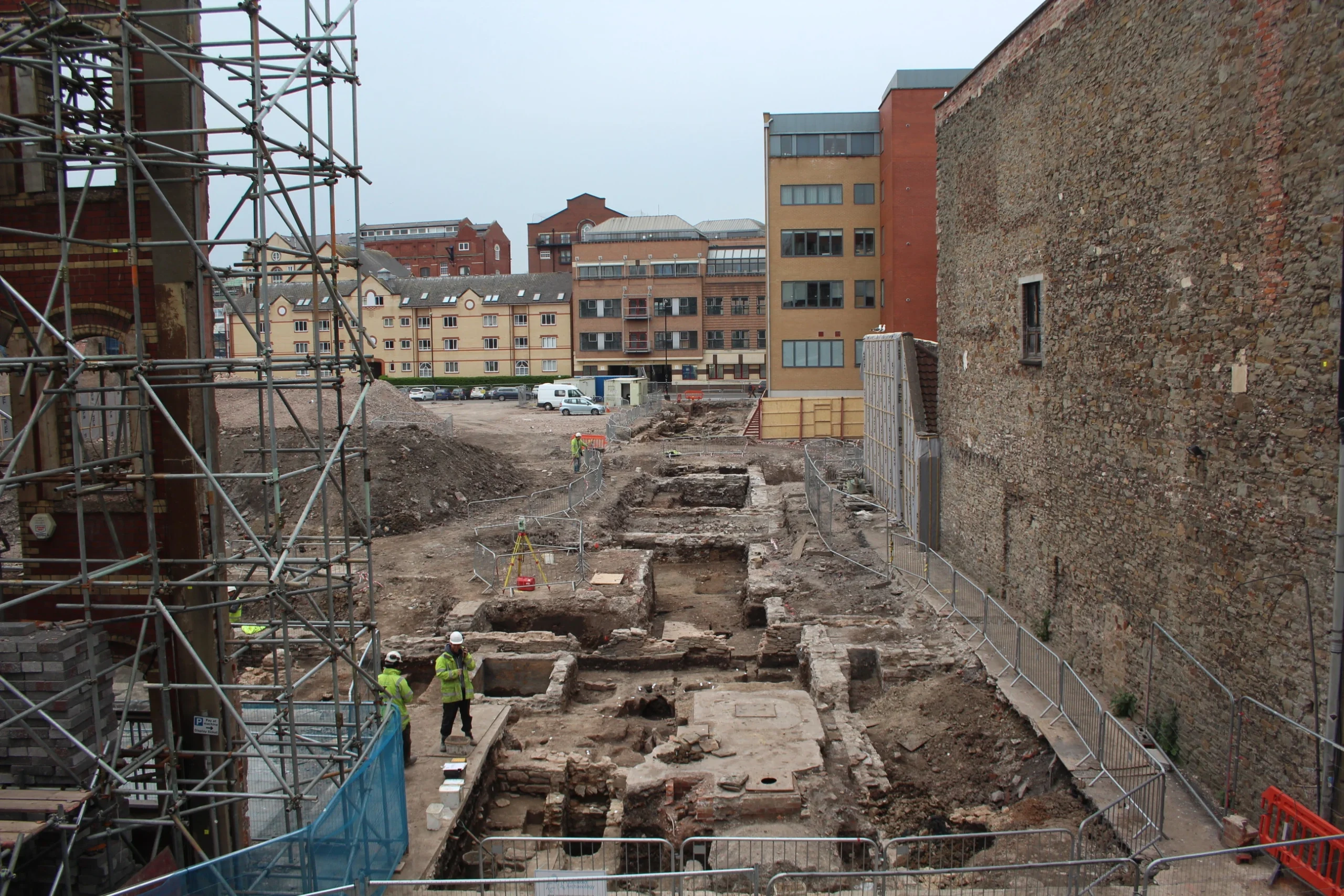 photo taken from high vantage point of excavations surrounding by buildings