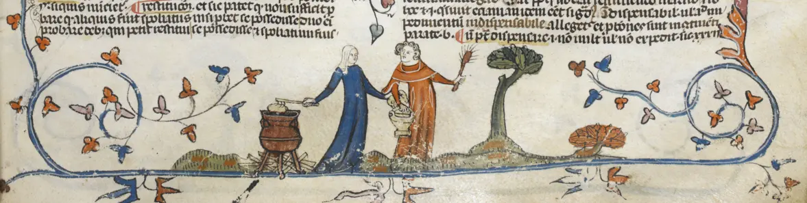 A bas-de-page scene of a man and a woman with a cooking pot and a bucket. Source: Royal 10 E. IV, f.108