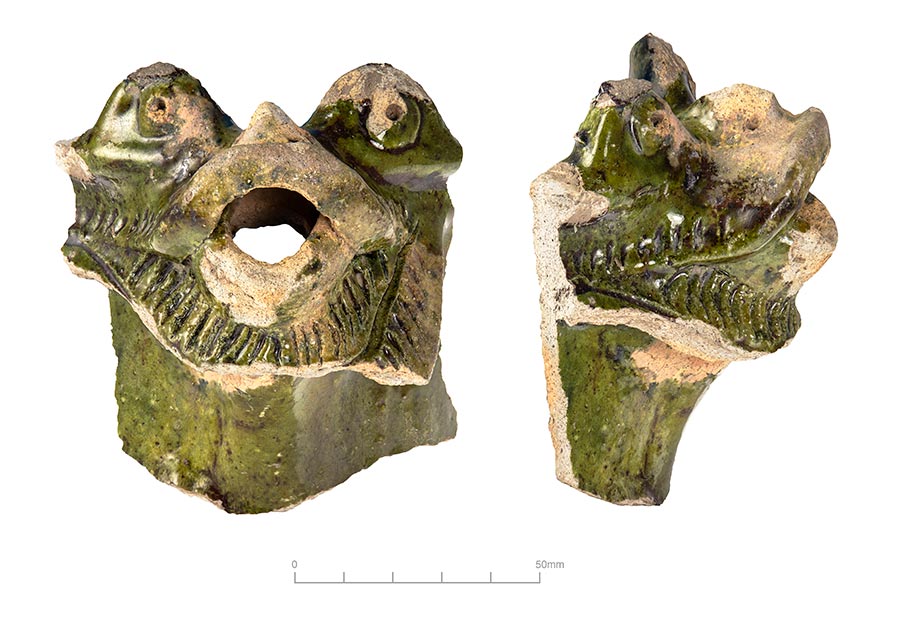 Pottery fragment from an unusual medieval bridge-spouted jug. It dates to the later 13th or early 14th centuries, and was probably intended to depict a dragon or other mythological creature