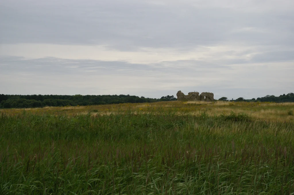 marshland with the ruins of the first Abbey site in the distance