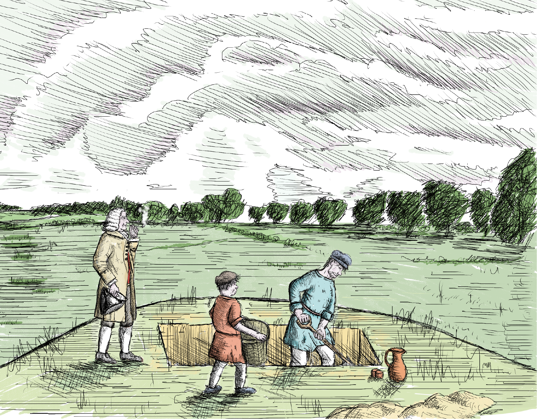 digital watercolor showing 18th cent antiquarian directing 2 diggers to excavate the barrow