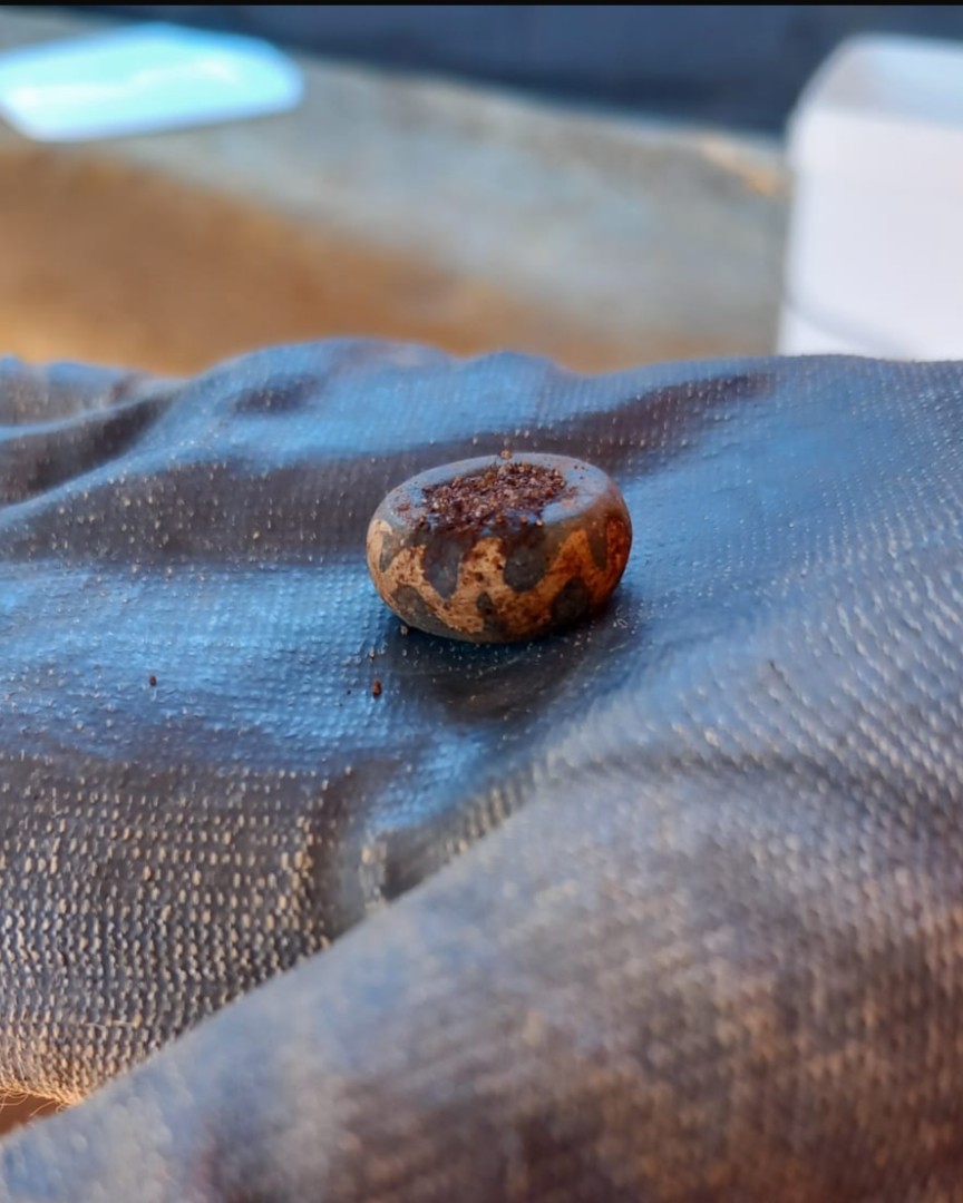 A gloved hand is holding an Anglo-Saxon bead. It is a flat round bead and features a zig-zag pattern around the edge.