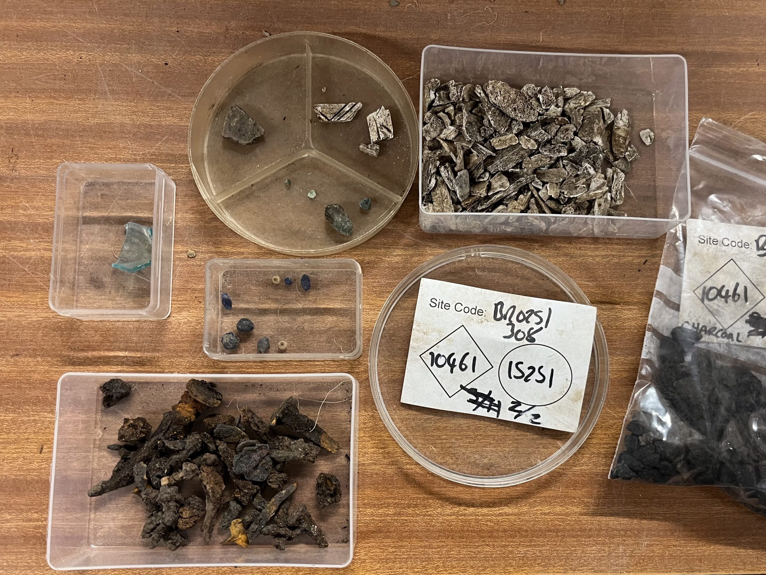 Six plstic boxes containing separated soil sample. Boxes contain charcoal, bones, beads and metal objects.