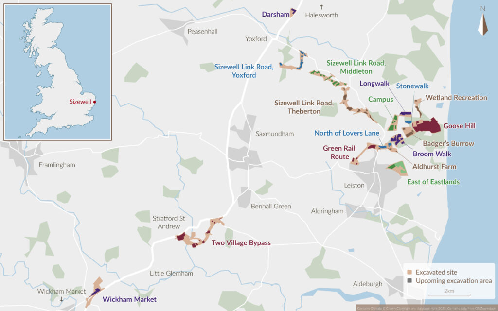 A map of the Sizewell area showing the proximity to the North Sea. The map includes local towns such as Leiston, Aldeburgh and Saxmundham and labelled zones of archaeological excavations which have taken place or are planned.